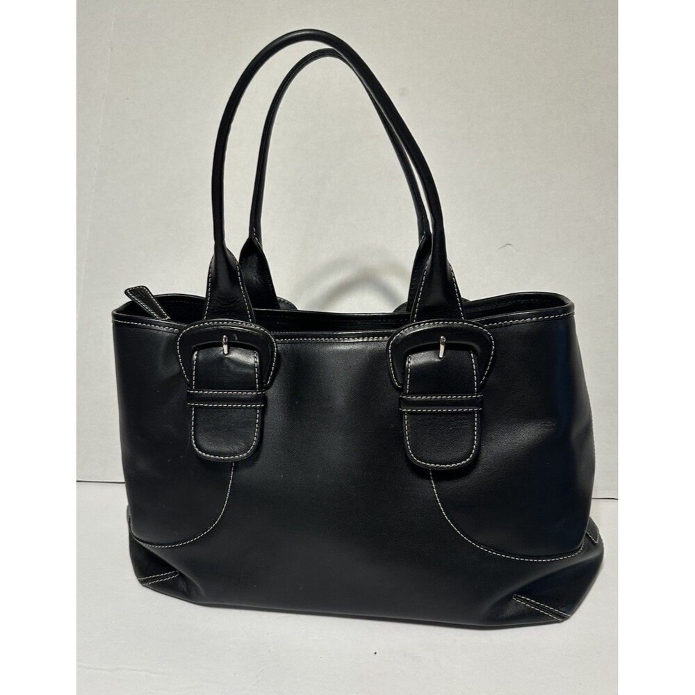 Vintage COLE HAAN Black Leather Buckle White Stitching Tote Bag Satchel Purse